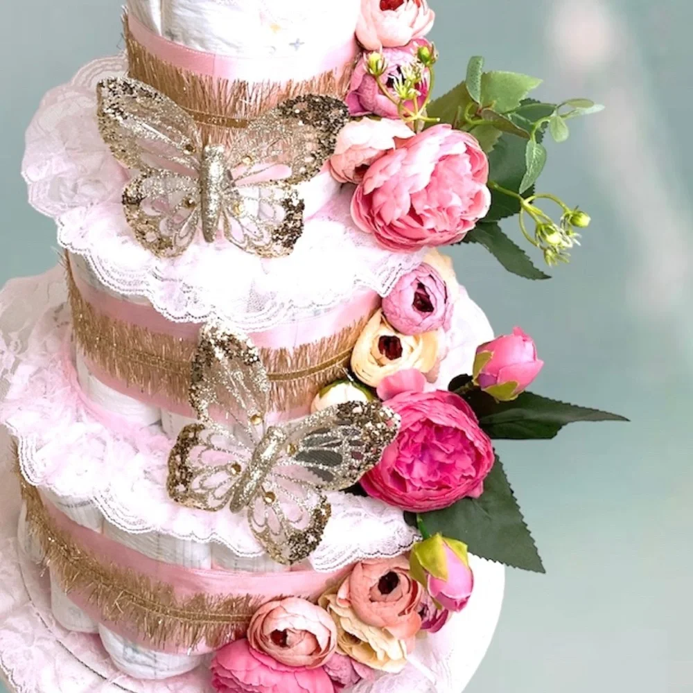 Butterfly Diaper Cake, Peonies Diaper Cake
